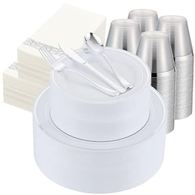 ISFANGCO 700 PCS Silver Plastic Dinnerware for 100 Guests, Silver Disposable Plate for Party Wedding with 100 Dinner Plates, 100 Dessert Plates, 100 Silverware Set, 100 Cups, 100 Napkins - Image 1