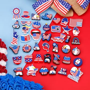 QAUYETM 42PCS Patriotic Shoe Charms for Clogs and Sandals Include American Flag Letters and Fun Designs Red White Blue PVC Accessories for Kids Teens Adults 4th of July Independence Day Party Favors - Image 4
