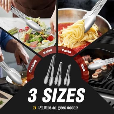 Food Grade Stainless Steel Kitchen Tongs for Cooking,BBQ - 7 ，9 and 12 Inch,Set of 3 Heavy Duty Locking Metal Food Tongs Non-Slip Grip - Image 6