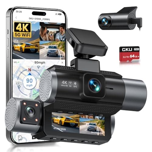 GKU 4K 3 Channel Dash Cam, 5.8GHz WiFi Built-in GPS, 4K+1080P+1080P Dash Cam Front and Rear Inside, 64GB Card Inserted, 24H Park Mode, Triple Car Camera 3 Inch Screen - Image 1