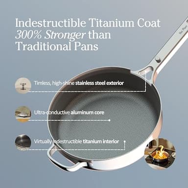 Our Place Titanium Always Pan Pro - 10.6” (2.8 Qt) No-Coating Nonstick Skillet | Tri-Ply Titanium & Stainless Steel | Safe for Oven, Induction & All Cooktops up to 1000°F | Includes Spatula | Chrome - Image 3