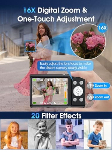 Digital Camera,Autofocus 4K Vlogging Camera for Photography with 32GB Card,48MP Portable Compact Point and Shoot Digital Camera for Teens Adult Beginner with 16X Zoom,Anti-Shake,2 Batteries(Black) - Image 4