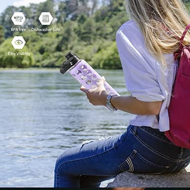 MUKOKO 32oz Glass Water Bottles with 2 Lids-Handle Spout Lid&Bamboo Straw Lid, Motivational Water Tumbler with Time Marker Reminder and Silicone Sleeve, Leakproof-Purple-1 Pack - Image 7