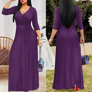 FANDEE Women's 2025 Maxi Dress - Solid Color Bohemian Summer Long Maxi Dress V-Neck 3/4 Sleeve Perple M - Image 4