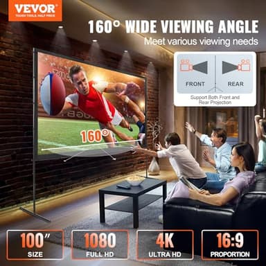 VEVOR Projector Screen with Stand, 100 inch 16:9 4K 1080 HD Outdoor Movie Screen with Stand, Wrinkle-Free Projection Screen with Bar Feet and Carry Bag, for Home Theater Cinema Backyard Movie Night - Image 2
