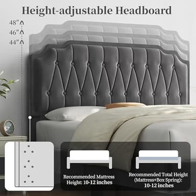 Yaheetech Queen Bed Frame Velvet Upholstered Platform Bed with Curved Headboard, Height-Adjustable Headboard/Noise-Free/Wooden Slats Support/No Box Spring Needed/Easy Assembly, Dark Gray Queen Bed - Image 7