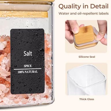 ComSaf 12Pcs Glass Spice Jars with Bamboo Lid, 8oz Airtight Square Containers with 275 Black Lables, Empty Seasoning Jars for Spice Salt Sugar - Image 6