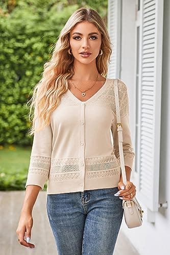 GRACE KARIN Women's Cardigans Open Front Lightweight Cardigans Shrug Button Down Knit Sweater Bolero Jackets Beige XL - Image 2