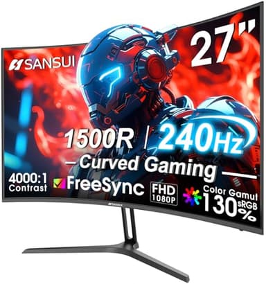 SANSUI 27 Inch Curved 240Hz Gaming Monitor FHD 1080P, 1500R Curve Computer Monitor, 130% sRGB, 4000:1 Contrast, HDR, FreeSync, MPRT 1Ms, Low Blue Light, HDMI DP Ports, Metal Stand, DP Cable Incl. - Image 1