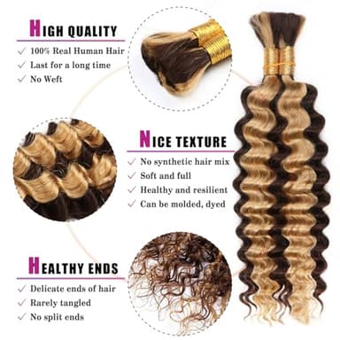 4/27 Honey Blonde Human Braiding Hair Deep Wave Bulk，Highlight No Weft Curly Braiding Hair Extensions for Boho Braids Wet and Wavy Braiding Human Hair Bundles(16inch,4/27,100g)-1 - Image 3