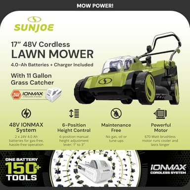 Sun Joe 24 Volt 17 Inch Mulching Walk Behind Lawn Mower with 11 Gallon Grass Catcher, 6 Position Height Adjustment, Battery and Charger, 24V-X2-17LM - Image 2