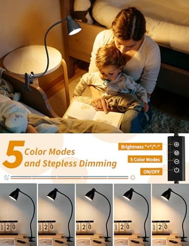 BOHON Desk Lamp 5 Color Modes 10 Brightness Dimmer Reading Light 10W 38 LED Clamp Lamp with Auto Off Timer 360° Flexible Gooseneck Clip on Light for Bed Bedside, AC Adapter Include - Image 3