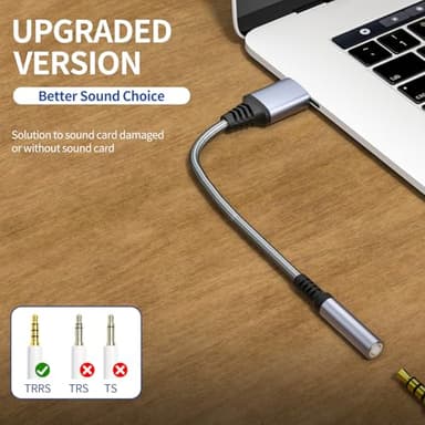 USB to 3.5mm Jack Audio Adapter, Audio Aux Cable External Stereo Sound Card, USB-A to 3.5mm TRRS Female Headset for PS4/PS5/Headphone/Mac/Linux/PC Windows/Laptop/Desktops/Docking Station/iOS (Gray) - Image 2