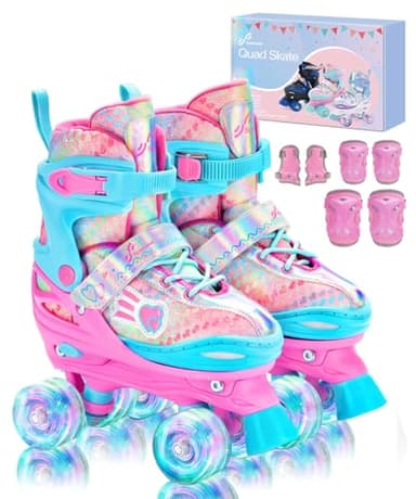 Roller Skates Kids Girls, Sportneer 4 Sizes Adjustable Roller Skates for Kids Age 5-12 with Protective Gear Set Light Up Roller Skate for Children Youth Beginners Indoor & Outdoor Use, Pink, XS - Image 1