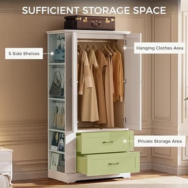 IRONCK Armoire Wardrobe Closet, 70.87" H Wooden Bedroom Armoire with 2 Louvered Doors, 2 Drawers and Shelves, Large Freestanding Clothing Storage Cabinet, White - Image 4