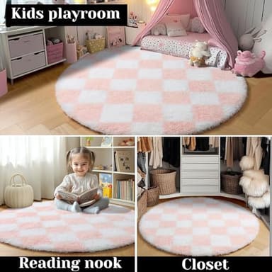 KICMOR Pink Round Rug 4ft for Girls Bedroom, Fluffy Soft Circle Area Rug Cute Small Living Room Carpet, Indoor Fuzzy Shag Shaggy Checkered Circular Rugs for Kids Room Nursery Home Decor Aesthetic - Image 7