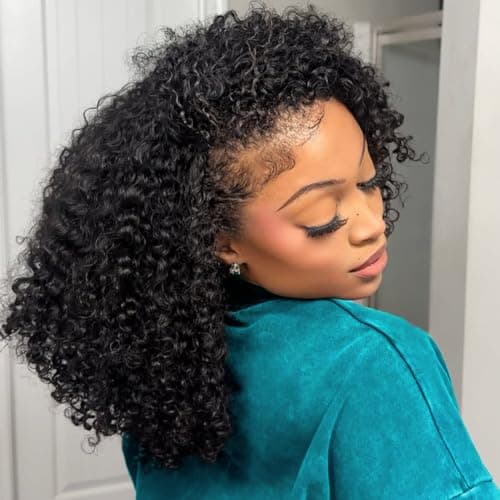 VFFTI Kinky Curly Half Wig Human Hair 200 Density 3 In 1 Drawstring Seamless Flip Half Wigs Wear Go Glueless Wigs Human Hair 18 Inch Curly Half Wig for Women Drawstring Headband Wig Beginner Friendly - Image 1
