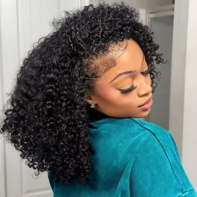 VFFTI Kinky Curly Half Wig Human Hair 200 Density 3 In 1 Drawstring Seamless Flip Half Wigs Wear Go Glueless Wigs Human Hair 18 Inch Curly Half Wig for Women Drawstring Headband Wig Beginner Friendly - Image 1