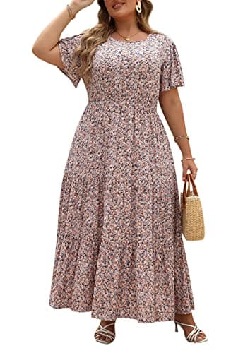 Nemidor Plus Size Maxi Dresses for Curvy Women Summer Casual Boho Ditsy Floral Print Layered Flared Long Dress with Pocket(304,24,Pink Print) - Image 1