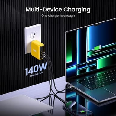 AOHI Magcube 140W USB C Charger PD3.1 3-Port GaN+ Laptop Wall Charger 100W Fast Charging Power Adapter Foldable Plug for MacBook Pro 16'', Dell XPS, iPad Pro, Galaxy, iPhone 15 Pro, Chromebook, Yellow - Image 6