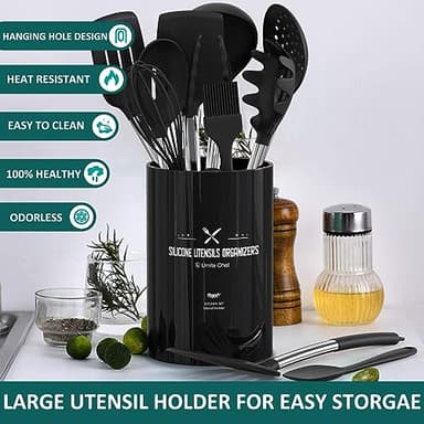 Silicone Cooking Utensil Set, Umite Chef 15pcs Silicone Cooking Kitchen Utensils Set, Non-stick - Best Kitchen Cookware with Stainless Steel Handle - Black - Image 2