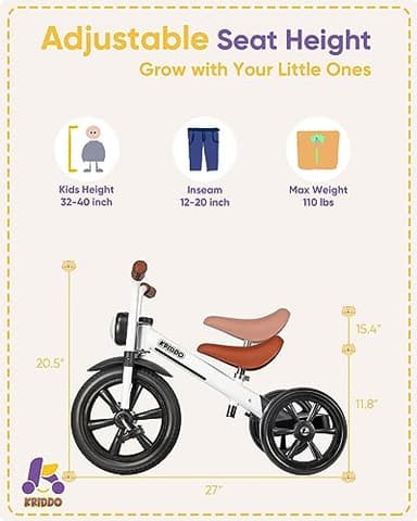 KRIDDO Kids Tricycle, 12 Inch Puncture Free Wheel w Front Light, Adjustable Seat Height, Gift for 2-5 Year Olds, White - Image 5