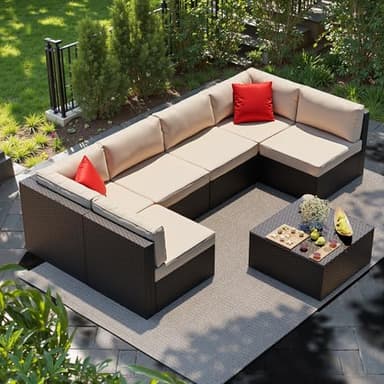 Shintenchi 7 Pieces Patio Furniture Sets Outdoor All-Weather Sectional Patio Sofa Set PE Rattan Manual Weaving Wicker Patio Conversation Set with Glass Table&Ottoman Cushion and Red Pillows, Beige - Image 2