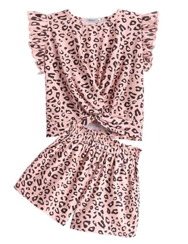 Arshiner Girls Summer 2 Piece Outfits Clothing Sets 7-8Y Pink Leopard Print T-Shirt and Short Pants Cute Print Shorts Set - Image 1