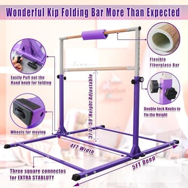 Seliyoo Foldable Gymnastic Bar for Kids & Teens 3-20 Years, 5FT/6FT Adjustable Height 35" to 59" Horizontal Kip Bar Anti-Wobble Arch Design Gymnastic Training Equipment for Home Club 350lbs Capacity - Image 2