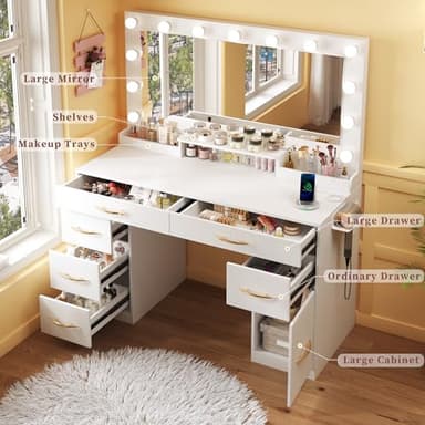 ALEXNUTRE Vanity Desk with Mirror and Lights, Makeup Vanity with Outlets & Large Mirror & 6 Drawers,White Vanity with 3-Color Adjustable Lighting, Makeup Vanity for Bedroom - Image 2