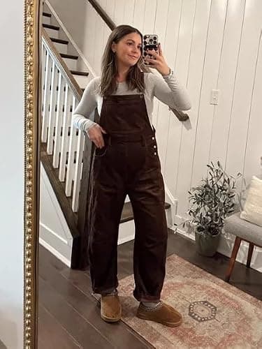 AMEBELLE Corduroy Overalls for Women Barrel Wide Leg Bib Corduroy Pants Women Adjustable Romper Jumpsuit with Pockets(3007-Brown-M) - Image 2