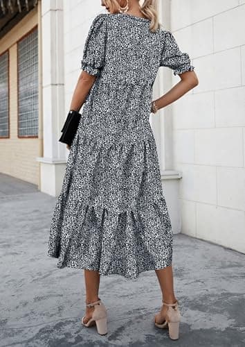 PRETTYGARDEN Summer Dresses for Women 2025 Casual Floral Boho Midi Sun Dress Puff Short Sleeve Flowy Beach Vacation Sundress (Black/White,Large) - Image 2