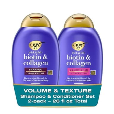 OGX Thick & Full + Biotin and Collagen for Hair Volume & Body, Sulfate Free Volumizing Shampoo & Conditioner Set for Fine & Thinning Hair, Nutrient-Infused, Vitamin B7, 13 fl oz, 2 Pack - Image 1