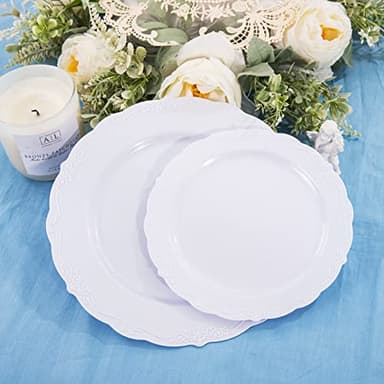U-QE 60PCS White Plastic Plates for Party - High End Disposable Plates for Weddings - White Plates Disposable Heavy Duty Including 30PCS 10'' Dinner Plate & 30PCS 7.5'' Dessert Plate - Image 3