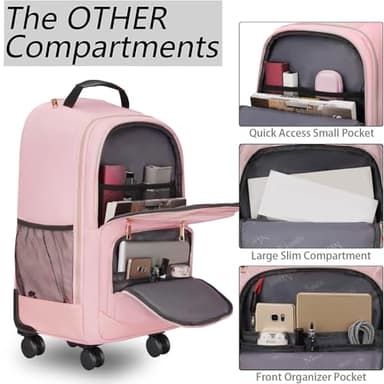 MATEIN Rolling Backpack for Women, 18 inch Roller Laptop Bag with 4 Wheels for Adult, Sturdy Wheeled Backpack Carry on Luggage, Extra Large Travel Bag Suitcase Back Pack for Work College Trips, Pink - Image 4