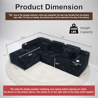 VOHOBY 106” Modular Sectional Sofa, Cloud Sectional Couch with Deep Seat, Modern Modular L-Shape Sofa Couch with Chaise,Upholstered Couches for Living Room Bedroom (Black, Right Sitting Chaise) - Image 2