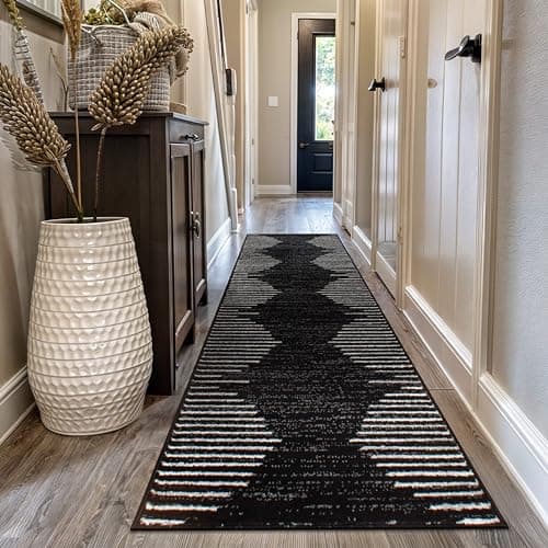 Rugshop Bohemian Stripe Stain Resistant High Traffic Living Room Kitchen Bedroom Dining Home Office Runner Rug 2'7" x 12' Black - Image 1