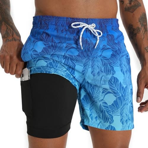 zeetoo Mens Swim Trunks with Compression Liner 5.5" Inseam Shorts Bathing Suit Quick Dry Swimsuit Gradient-Leaf-Blue L - Image 1