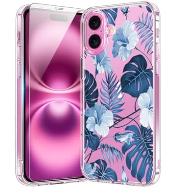 bicol for iPhone 16 Plus Case with Screen Protector, Enhanced Camera Protection, Crystal Acrylic Clear with Fashionable Pattern Designs for Girls Women, Slim Fit Protective Phone Cover, Blue Leaves - Image 1