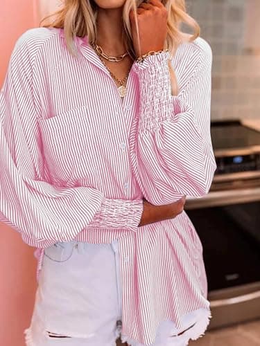HOTEVE Striped Button Down Shirt Women Womens Tops Smocked Shirts Cuffed Boyfriend Pink Fashion Trendy Oversized Long Sleeve Pink 31 Size 3XL - Image 3