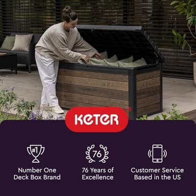 Keter Kentwood 92 Gallon Resin Deck Box-Organization and Storage for Patio Furniture Outdoor Cushions, Throw Pillows, Garden Tools and Pool Floats, Brown - Image 9