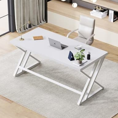 LVB White Computer Desk, Modern Wood Home Office Desk for PC Writing Work, Metal Wooden Executive Workstation Student Simple Desk, Computer Study Gaming Bedroom Table, 55 Inch, White Oak - Image 10
