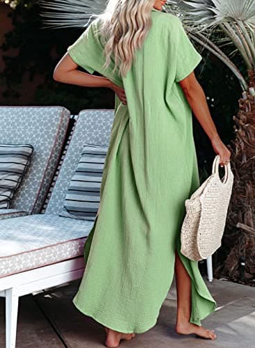 Dokotoo Swimsuit Beach Cover Ups for Women 2025 Vacation Outfits Summer Dresses Button Down Long Kimonos Cardigan Short Sleeve Side Split Casual Solid Loose Fit Fashion Bathing Suit Green Small - Image 4