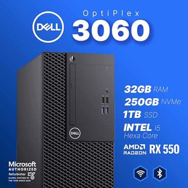 Dell OptiPlex 3060 Tower PC | Intel Core i5-8500 | 32GB RAM | 250GB NVME M.2 + 1TB SSD | Nvidia RX 550 4GB | Windows 11 Pro | AX200 WiFi 6 + Bluetooth | Dual New 24” HD Monitors (Renewed) - Image 3