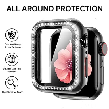 Mesime Compatible with Apple Watch Band 38mm 40mm 41mm 42mm 44mm 45mm , Women Girl Bling Diamond Jewelry Metal Strap Bands with Crystal Tempered Glass Screen Protector Case, Round Shiny Bracelet - Image 3