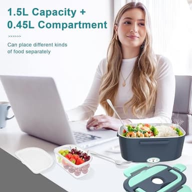Electric Heated Lunch Boxes Adults: 80W Electric Lunch Box Food Heated 12/24/110V 1.5L Heatable Lunch Box for Car/Truck/Office Leak-Proof Stainless Steel Container, Fork & Spoon, Bag (Grey+Green) - Image 5