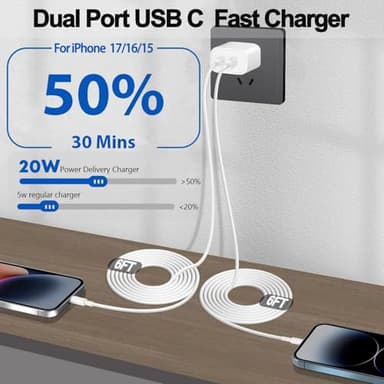 iPhone 17 16 15 Charger,USB C Charger Fast Charging,2Pack Dual Port Fast Wall Chargers Block with 6FT USB C Cable for iPhone 17 Pro Max/17 Pro/17/Air/16 Pro Max/16 Plus/16e/15/iPad Pro/Air/Mini/AirPod - Image 2