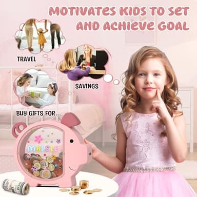 Summidate Pink Piggy Bank Girls,Clear Wooden Piggy Bank for Kids Toddlers,Cute Wood Money Coin Bank with DIY Sticker, Personalized Money Box Toys for Child Birthday Decor - Image 4