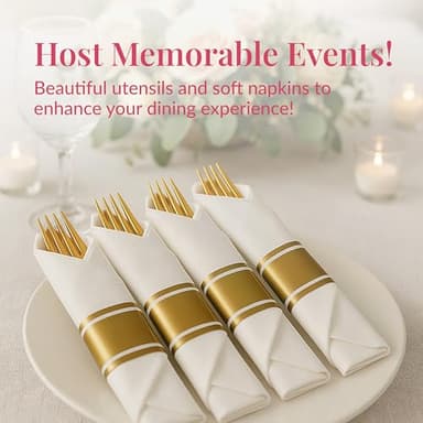 Prestee 400 Pieces Pre Rolled Gold Plastic Silverware Set for 100 Guests - Premium Disposable Silverware Set with Napkins - Wrapped Utensils with Forks, Knives, Spoons, Napkins for Weddings and Events - Image 6