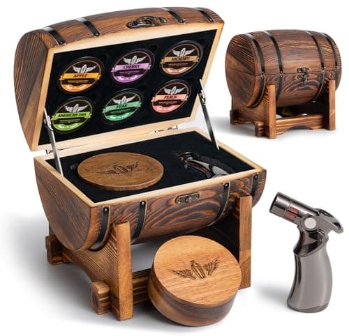 Whiskey Smoker Kit with Charred Wood Barrel (Patent Pending) – Cocktail Smoker with Torch & 6 Premium Wood Chips for Old Fashioned & Whiskey – Perfect Home Bar Gift for Men, Dad, Husband (No Butane) - Image 1